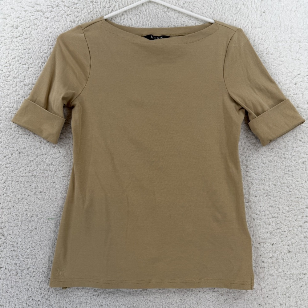 Lauren Ralph Lauren Shirt Womens PS Beige Boat Neck Cuffed Sleeve Tee Top Logo